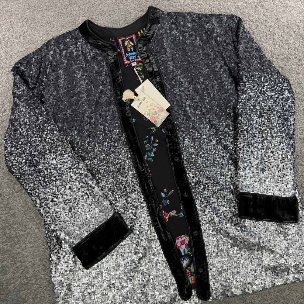 Johnny Was Womens Ombre Sequin Button Up Jacket Black Silver Velvet Trim New M